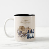 Retro Bloemen Pompoenen Denim Gnomes Thanksgiving Tweekleurige Koffiemok (Links)