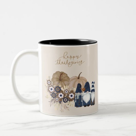 Retro Bloemen Pompoenen Denim Gnomes Thanksgiving Tweekleurige Koffiemok (Links)