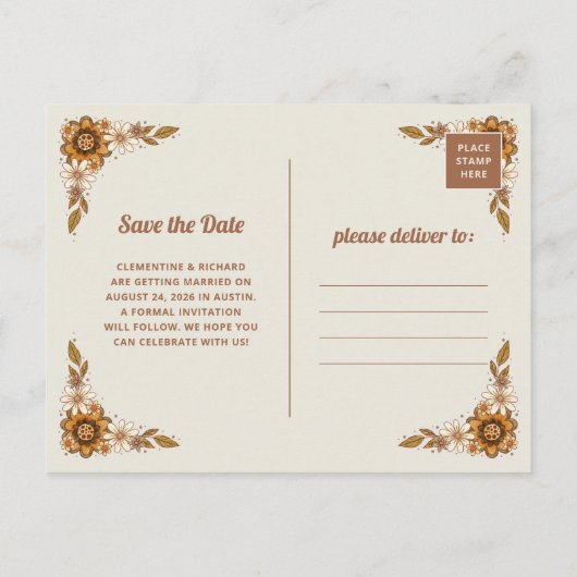 Retro Bloemen | QR Code Bruiloft Opslaan van de da Aankondigingskaart (Achterkant)