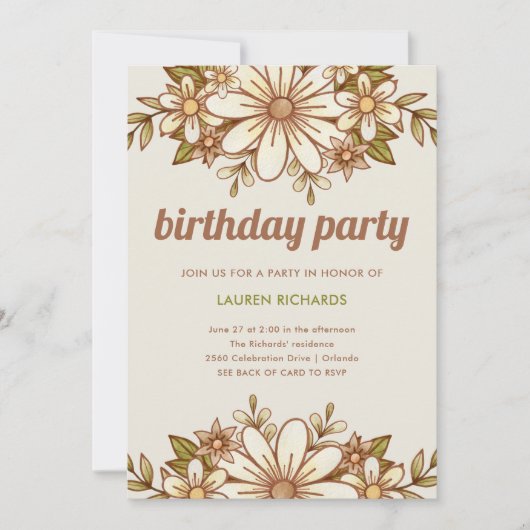 Retro Bloemen | QR-code Verjaardagsfeest Kaart (Voorkant)