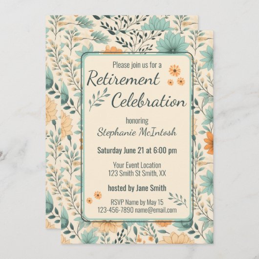 Retro Bloemen Retirement Feest Kaart (Voorkant / Achterkant)