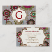 Retro bloemen rood, groen, grijs bloemenpatroon visitekaartje (Voorkant / Achterkant)