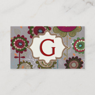 Retro bloemen rood, groen, grijs bloemenpatroon visitekaartje