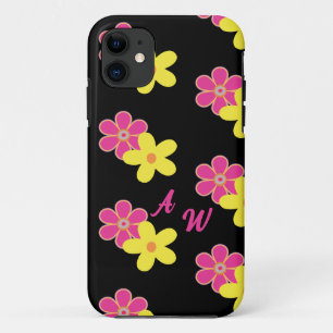 Retro Bloemen Roze Geel & Zwart Gepersonaliseerd Case-Mate iPhone Case