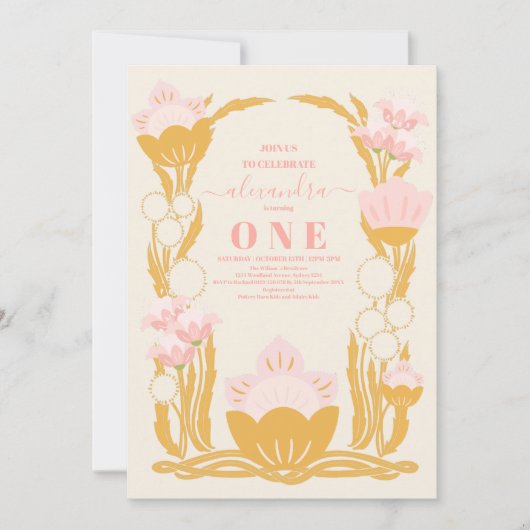 Retro Bloemen Roze Goud 1e Verjaardag Kaart (Voorkant)