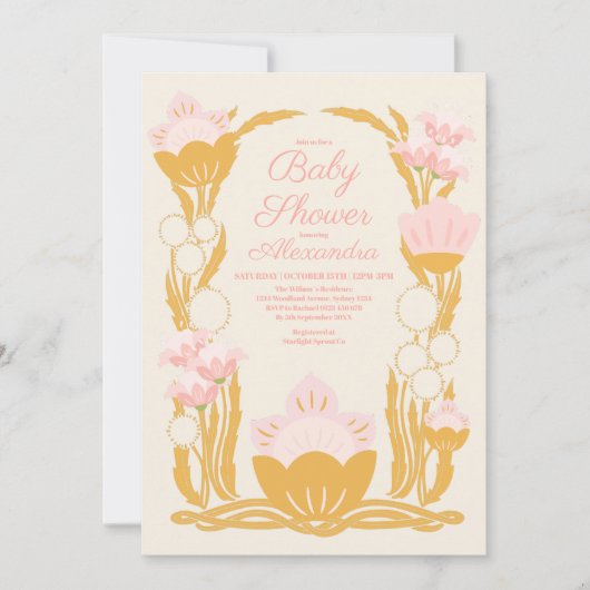Retro Bloemen Roze Goud Art Nouveau Baby shower Kaart (Voorkant)