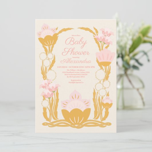 Retro Bloemen Roze Goud Art Nouveau Baby shower Kaart (Staand voorkant)
