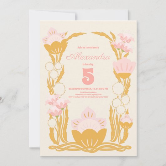 Retro Bloemen Roze Goud kinderen Verjaardag Kaart (Voorkant)