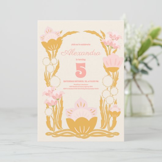 Retro Bloemen Roze Goud kinderen Verjaardag Kaart (Staand voorkant)