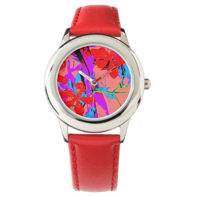 Retro Bloemen roze Horloge (Voorkant)