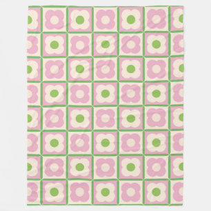 Retro Bloemen Schachbrett Patroon Roze en Groen Fleece Deken