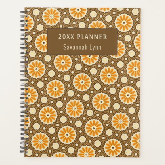 Retro Bloemen Sinaasappel Bruin Jaarlijkse Planner (Voorkant)