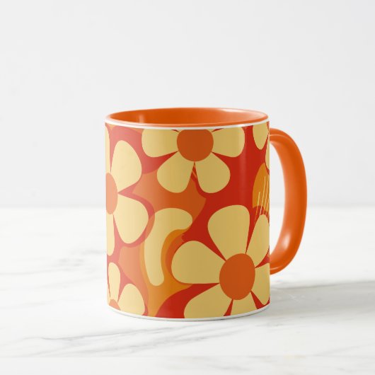 Retro Bloemen Sinaasappel en Geel Patroon Mok (Voorkant rechts)