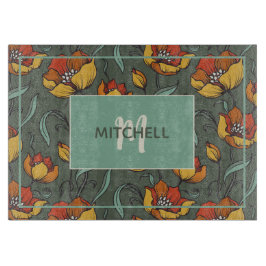 Retro Bloemen Sinaasappel Goud Blauwgroen Geperson Snijplank