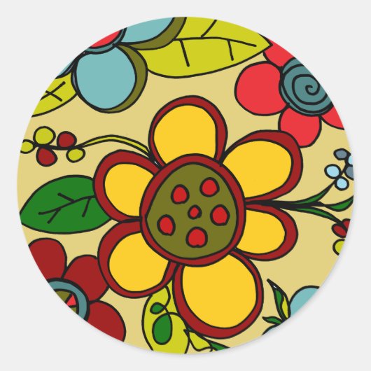Retro Bloemen Stedelijke Kleuren Ronde Sticker (Voorkant)