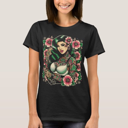 Retro Bloemen Tattoo Meisje T-shirt (Voorkant)