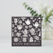 Retro Bloemen Theepot Verjaardag Kaart (Staand voorkant)