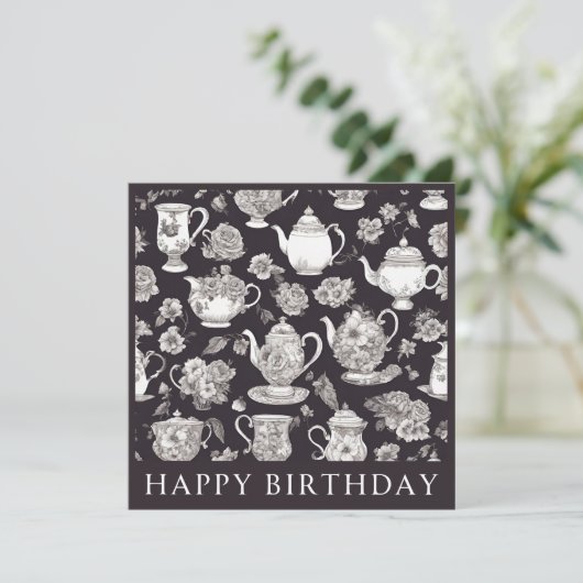 Retro Bloemen Theepot Verjaardag Kaart (Staand voorkant)