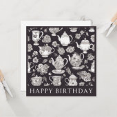 Retro Bloemen Theepot Verjaardag Kaart (Voorkant / Achterkant in situ)
