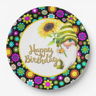 Retro Bloemen Verjaardag Gnome Papieren Bordje