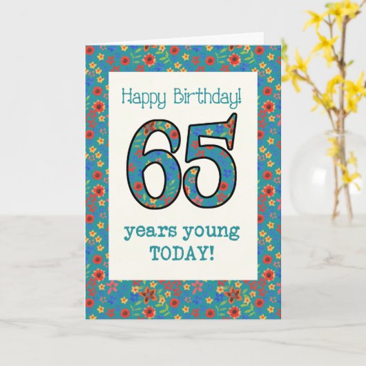 Retro Bloemen Verjaardag Kaart 65 jaar Jong (Gele Bloem)