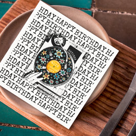 Retro Bloemen Vinyl Gelukkige Verjaardag Gepersona Servet