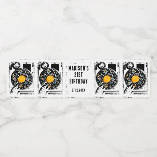 Retro Bloemen Vinyl Record Custom Waterfles Etiket (Enkel label)