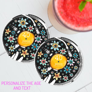 Retro Bloemen Vinyl Record Ontwerp Verjaardag Cust Ronde Kartonnen Onderzetter