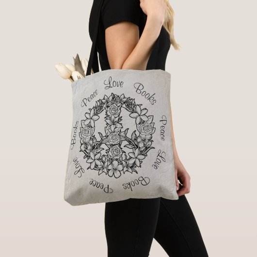 Retro Bloemen Vrede Liefdesboeken Wit Linnen Tote Bag (Dichtbij)