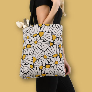 Retro Bloemen zwart geel blokprint Tote Bag
