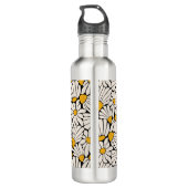 Retro Bloemen zwart geel blokprint Waterfles (Achterkant)