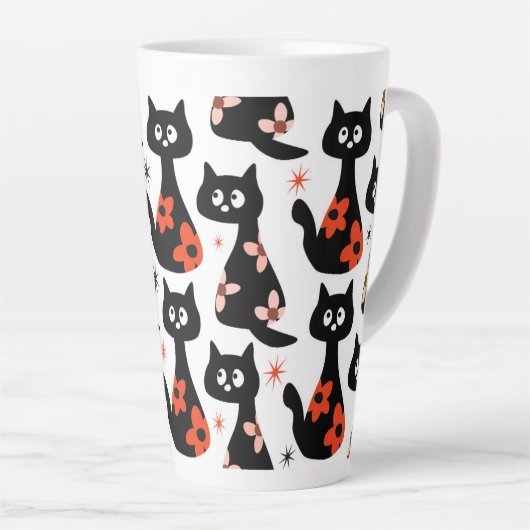 Retro Bloemen Zwarte Kat (wit) Latte Mok (Rechterhoek)