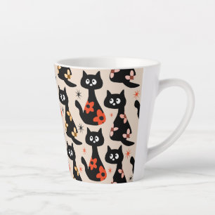 Retro Bloemen Zwarte Katten (Soft Beige) Latte Mok