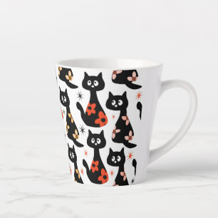 Retro Bloemen Zwarte Katten (wit) Latte Mok