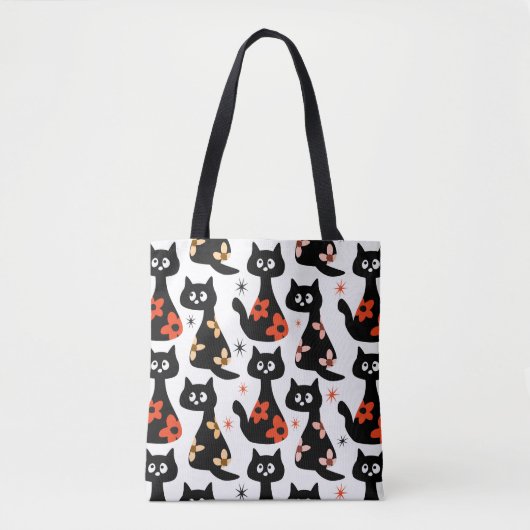 Retro Bloemen Zwarte Katten (wit) Tote Bag (Voorkant)