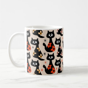Retro Bloemen Zwarte Katten (Zachte Beige) Koffiemok