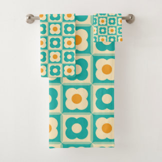 Retro bloemencontroleerpatroon Blauwgroen, crème, Bad Handdoek