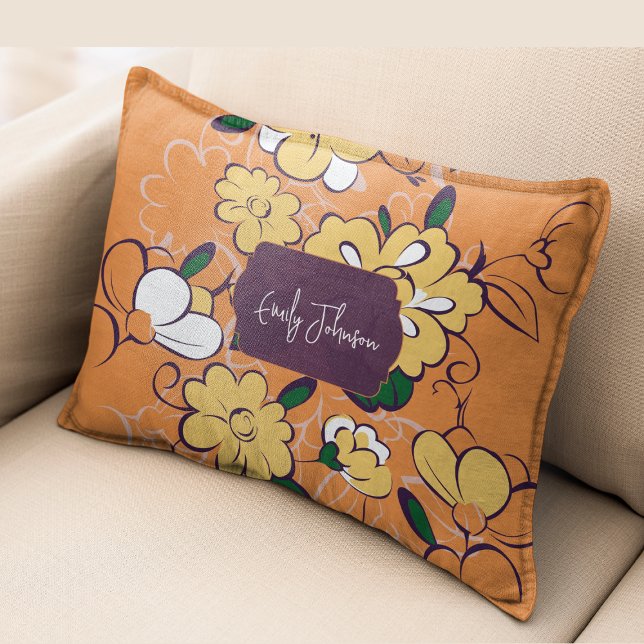 Retro bloemendais Oranje Herfst Aangepaste naam Accent Kussen (Retro Floral Daisy Orange Autumn Custom Name Accent Pillow)