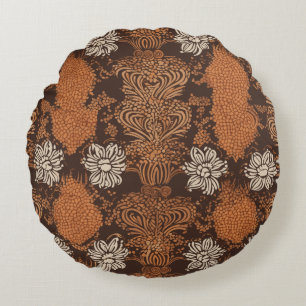 Retro Bloemendamask Bruin & Verbrand Oranje Rond Kussen