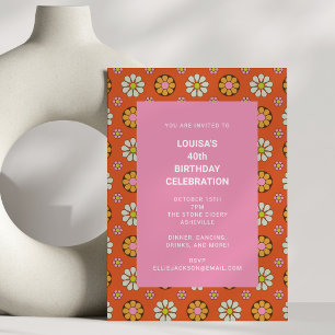 Retro bloemendecor oranje roze 40ste verjaardagsfe kaart