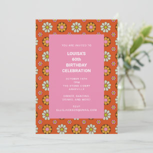 Retro bloemendecor oranje roze 60ste verjaardagsfe kaart