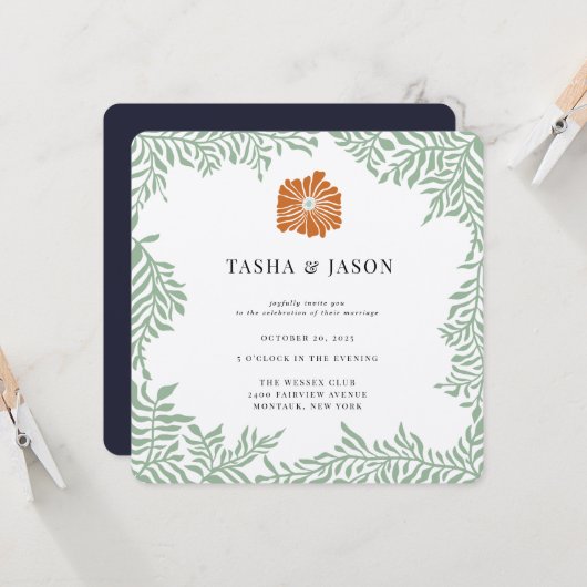 Retro Bloemengroen Lijst bruiloft uitnodiging (Voorkant / Achterkant in situ)