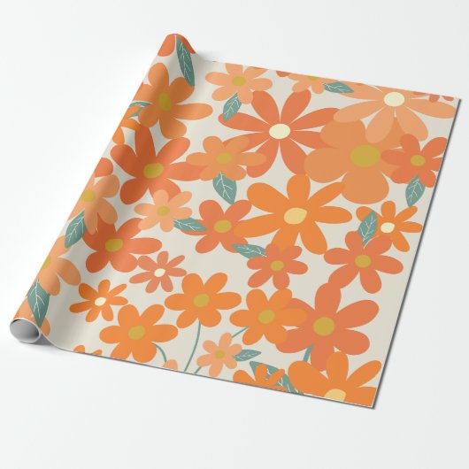 Retro bloemengroovy tan sinaasappel cadeaupapier (Uitgerold)