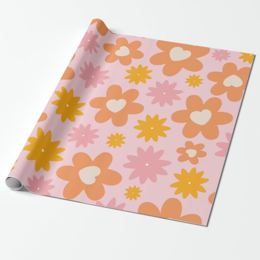 Retro bloemenhartpatroon cadeaupapier (Uitgerold)