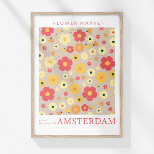 Retro Bloemenmarkt Amsterdam Rood Geel Bloemen Poster