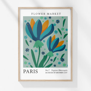 Retro Bloemenmarkt Paris Blauw Sinaasappel Bloemen Poster