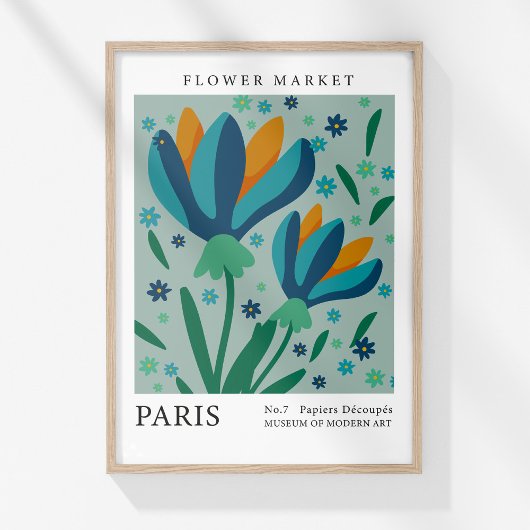 Retro Bloemenmarkt Paris Blauw Sinaasappel Bloemen Poster