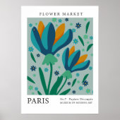 Retro Bloemenmarkt Paris Blauw Sinaasappel Bloemen Poster (Voorkant)