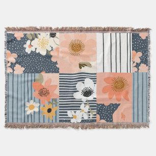Retro bloemenpatchwork in roze en blauw deken