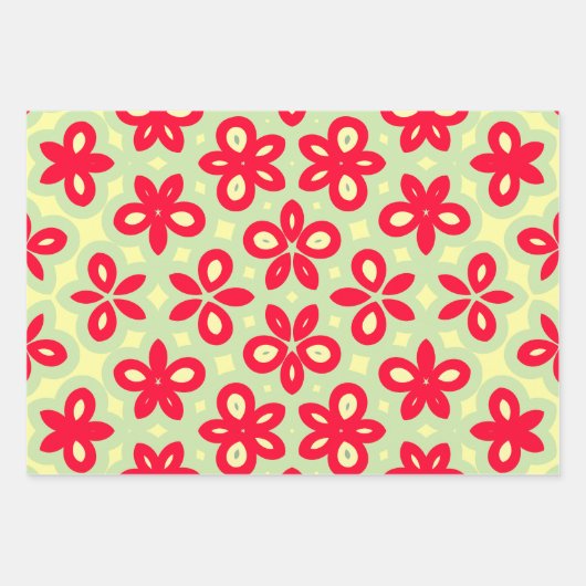 Retro Bloemenpatroon in Rood, Crème en Mint Groen Inpakpapier Vel (Voorkant 3)